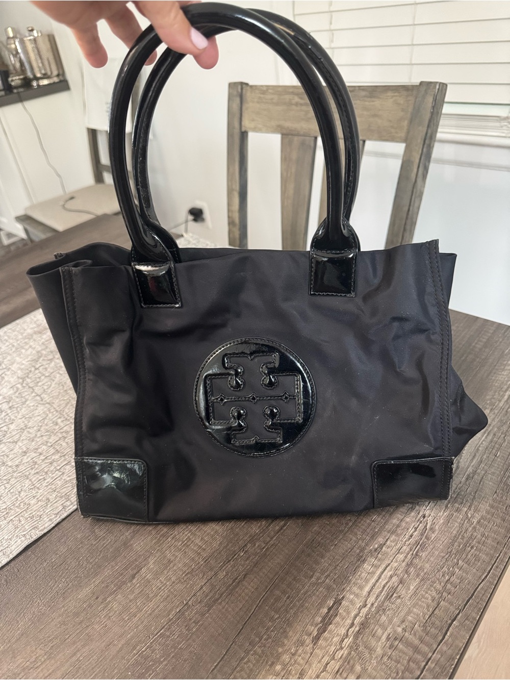 Tory Burch Black Nylon Tote with Patent Logo